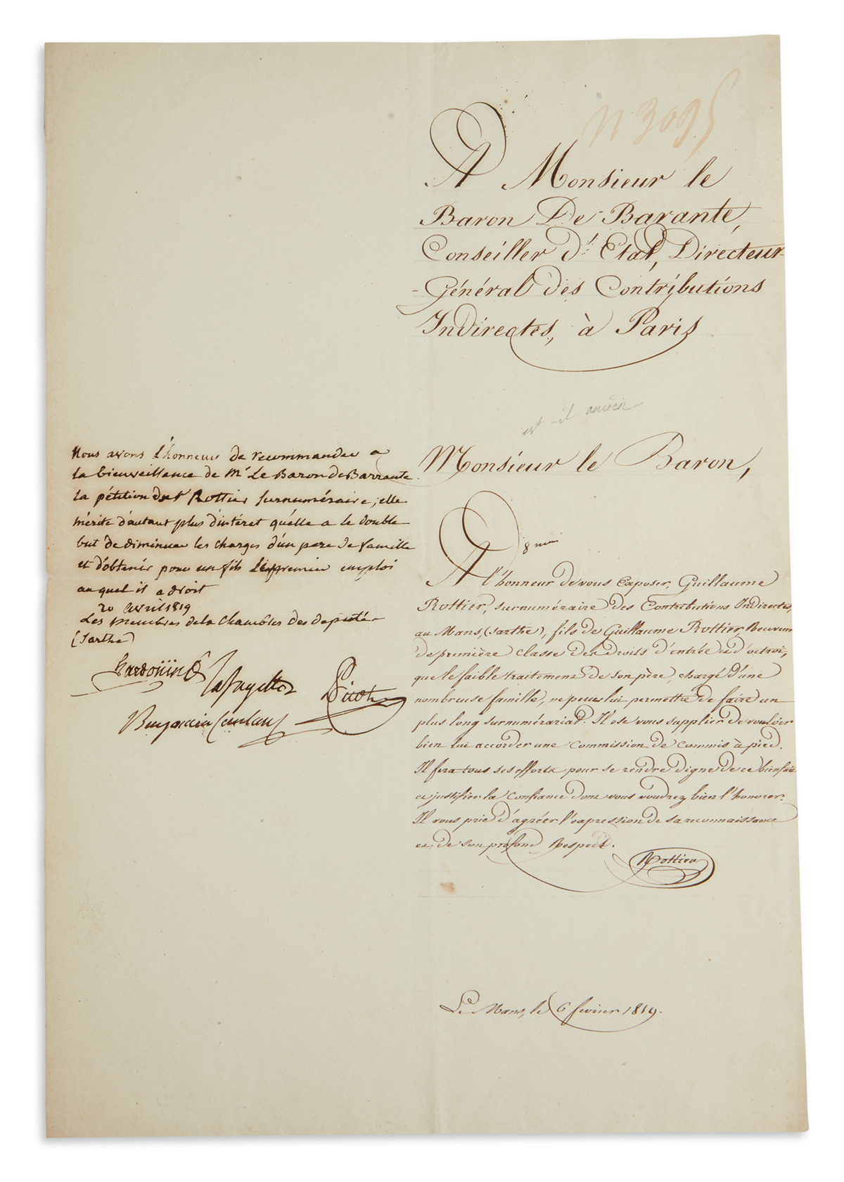 GILBERT DU MOTIER, MARQUIS DE LAFAYETTE. Endorsement Signed, Lafayette, in French: We have the honor to recom...